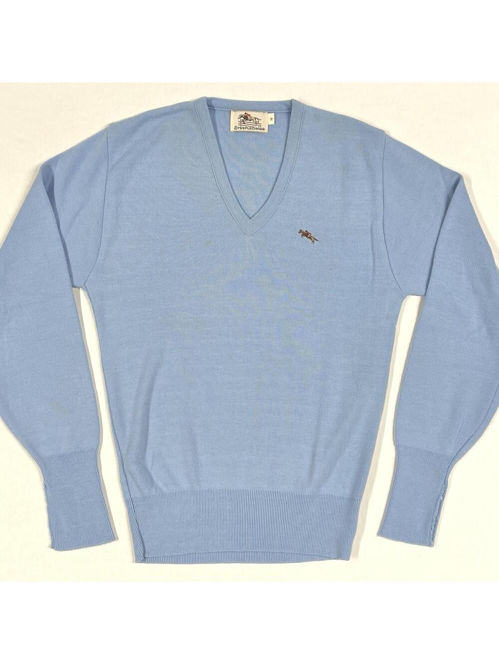 True Vintage 60's USA Steeplechase V-Neck Pullover Sweater Blue Sz M DISTRESSED